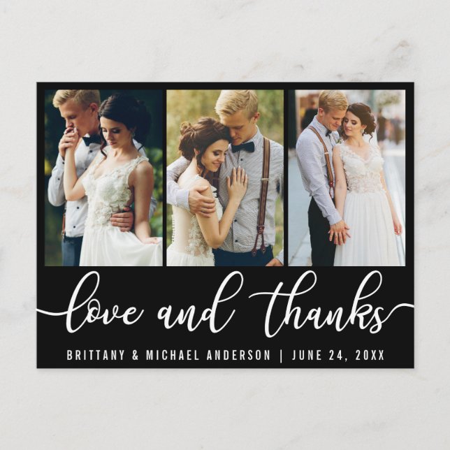 3 Foto Moderne Hochzeitsszeitszitat dank White Scr Postkarte (Vorderseite)