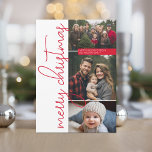 3 Foto Moderne Rote Calligrafie Frohe Weihnachten<br><div class="desc">Ein minimalistisches Design,  das 3 Foto mit einer dünnen modernen Kalligraphie und großen Feiertagsgruß umfasst. Auf der Rückseite befindet sich ein Herringknochenmuster.</div>