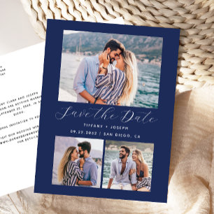 3 Foto Navy Blue Save the Date Postkarte