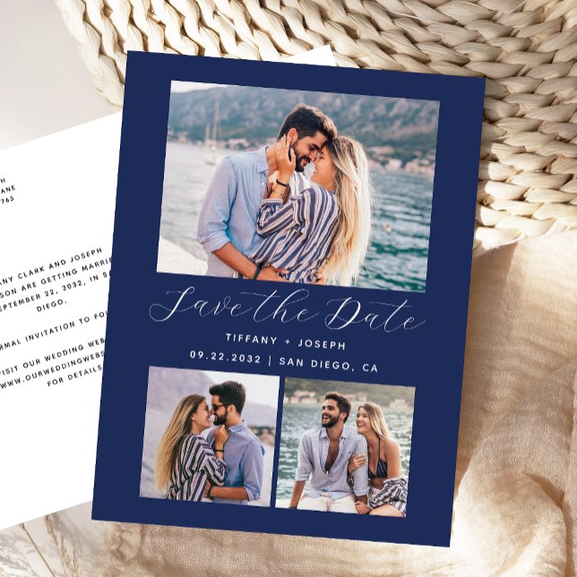 3 Foto Navy Blue Save the Date Postkarte (Von Creator hochgeladen)