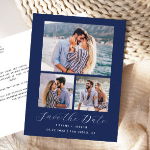 3 Foto Navy Blue Save the Date Postkarte