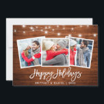 3 Foto Pinselschrift Rustikale Holzleuchten Feiertagskarte<br><div class="desc">Rustikales Wood Brush Script 3 Foto Happy Holidays Card mit String Lights</div>