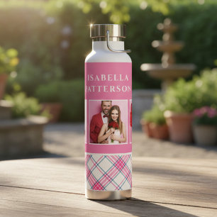 3 Foto Preppy Pink Kariert Modern Girl Individuell Trinkflasche