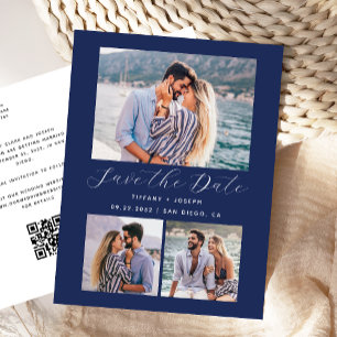 3 Foto QR Code Navy Blau Save the Date Postkarte
