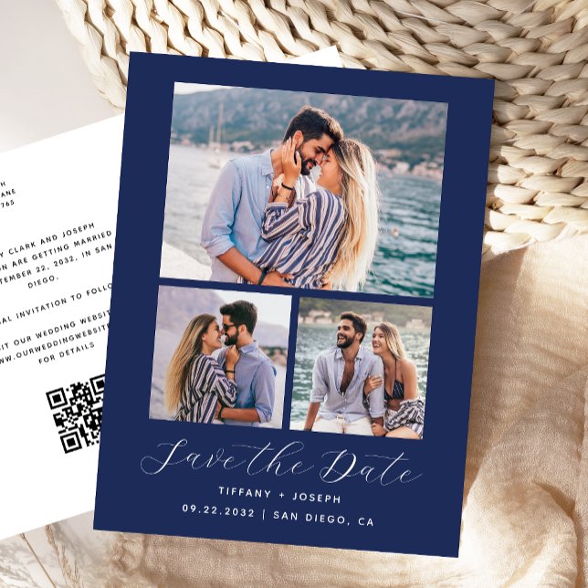 3-Foto-QR-Code Navyblau Save the Date Postkarte (Von Creator hochgeladen)