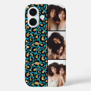 3 Foto Türkis und Gold Leopardenprint iPhone 16 Hülle