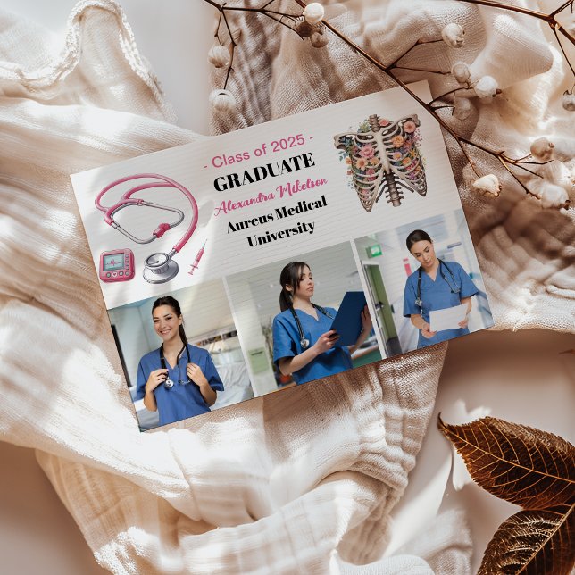 3 Foto Watercolor Pink Nursing School Graduate Ankündigung (Von Creator hochgeladen)