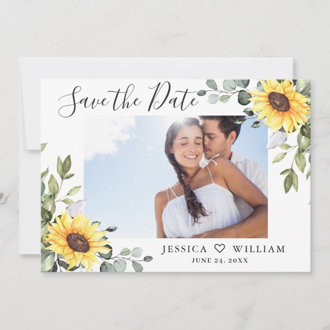 3 Foto Watercolor Sonnenblumen Eukalyptus Wedding Save The Date (Vorderseite)