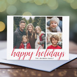 3 Foto Weihnachtsskript Red Damask Happy Feiertagskarte<br><div class="desc">Verwenden Sie drei quadratische Foto und machen Sie einen einzigartigen und trendigen Frohen Weihnachtsgrüßen mit einem eleganten Muster auf der Rückseite. Die Begrüßung wird in einer modernen, unbedruckten Kalligraphie gezeigt, die sich ändern lässt, um Ihrem LieblingsSprichwort zu entsprechen. Wenn Sie etwas bewegen möchten, klicken Sie auf die Schaltfläche Anpassen, um...</div>