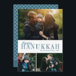 3 FotoCollage Einfach Modernes Aquamarines Hanukka Feiertagskarte<br><div class="desc">Diese wunderschöne Hanukkah-Collage mit drei Fotos ist einfach,  elegant und aquamarin grün auf weißem Hintergrund. Auf der Rückseite der Karte befindet sich ein modernes geometrisches Rautenmuster. Für Design- oder Produktanfragen kontaktieren Sie mich (Tracey) unter orabellaprints@outlook.com.</div>