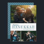 3 FotoCollage Einfach Modernes Aquamarines Hanukka Feiertagskarte<br><div class="desc">Diese wunderschöne Hanukkah-Collage mit drei Fotos ist einfach,  elegant und aquamarin grün auf weißem Hintergrund. Auf der Rückseite der Karte befindet sich ein modernes geometrisches Rautenmuster. Für Design- oder Produktanfragen kontaktieren Sie mich (Tracey) unter orabellaprints@outlook.com.</div>