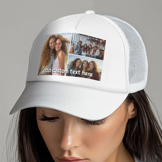3 FotoCollage mit 1 Textzeile Truckerkappe (Custom Photo Gallery on a Trucker Hat)