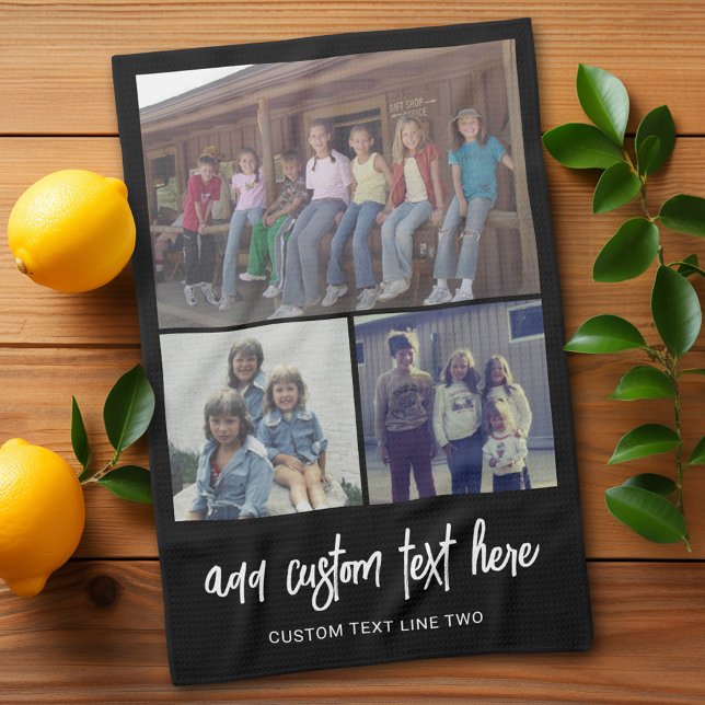 3 FotoCollage mit Skripttext - Schwarz-weiß Geschirrtuch (Add 3 photos - personalized kitchen towel)