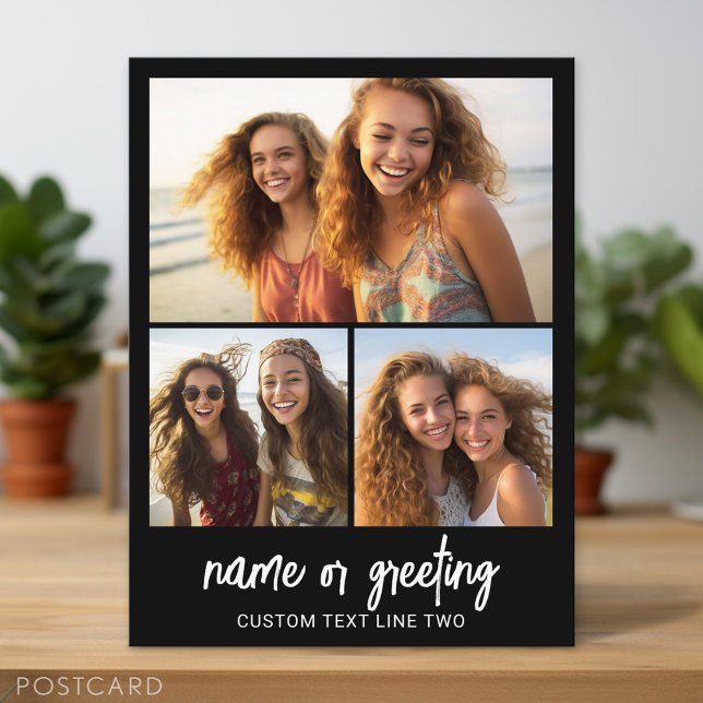 3 FotoCollage mit Skripttext - Schwarz-weiß Postkarte (Personalized Photo Postcard)