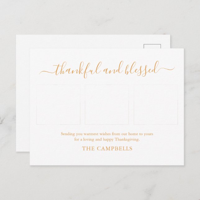 3 FotoCollage Moderner Script-Erntedank Feiertagspostkarte (Vorne/Hinten)