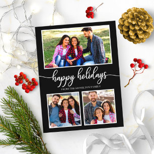 3 Fotos Collage Happy Holidays Chic Modern Black Postkarte