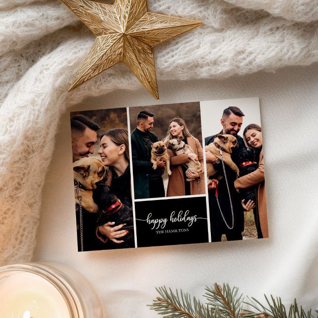3 Fotos Collage Happy Holidays Christmas Black Postkarte (Von Creator hochgeladen)