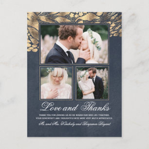 3 Fotos Gold- und Navy-Hochzeit Danke Postkarte