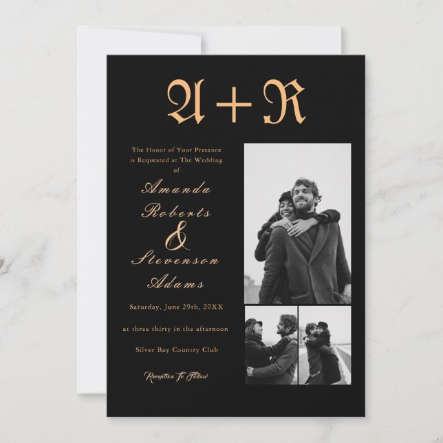 3 Fotos Golden Typografy Monogram Wedding Einladung (Vorderseite)