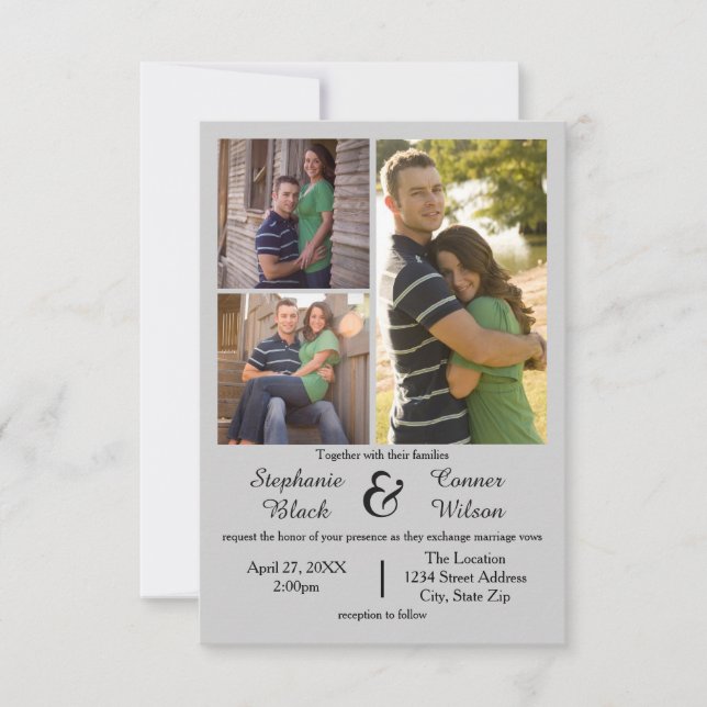 3 Fotos Grau - 3x5 Einladung zur Hochzeit (Vorderseite)