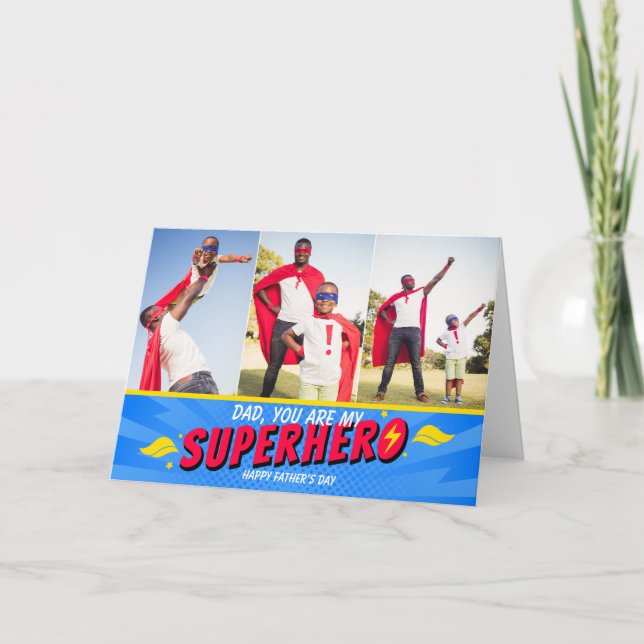 3 Fotos Niedliche Comic Superherd Vathers Day Card Dankeskarte (Vorderseite)