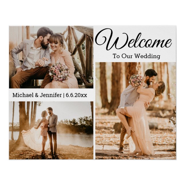 3 Fotos sammeln Hochzeit minimalistisches Begrüßun Poster (Vorderseite)