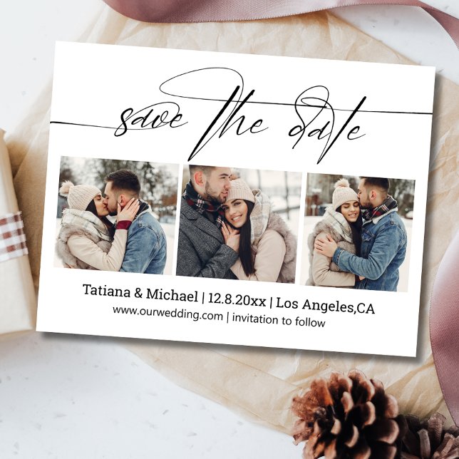 3 Fotos Save the Date mit stilvollem Signaturskrip Postkarte (Von Creator hochgeladen)