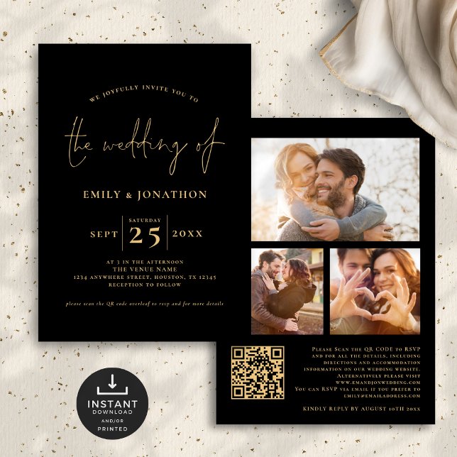 3 Fotos Script QR Code Black Gold Hochzeit Einladung (Front and back view)