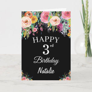 3. Geburtstag Aquarell Blumen Schwarz Karte