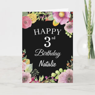 3. Geburtstag Aquarell Blumen Schwarz Karte