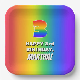 3. Geburtstag: Buntes, lustiges Regenbogen-Muster  Pappteller