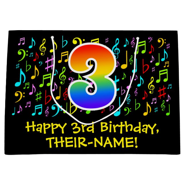 3. Geburtstag - Farbige Musiksymbole, Regenbogen 3 Große Geschenktüte (Vorderseite)