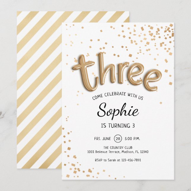 3. Geburtstag - Gold White Einladung (Vorne/Hinten)
