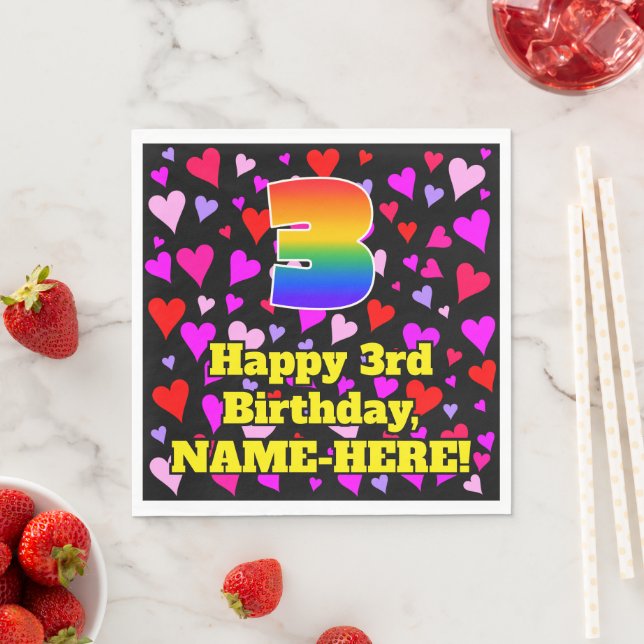 3. Geburtstag: Liebesherzen-Muster, Regenbogen # 3 Serviette (Beispiel)