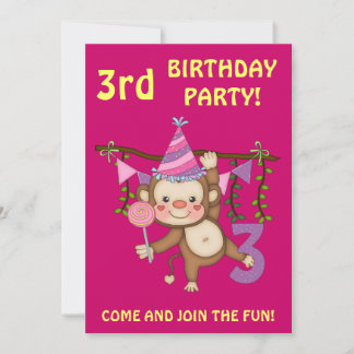 3. Geburtstag Party Niedlicher Affe+Farbige Ballon Einladung