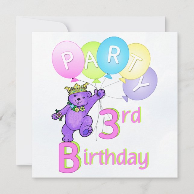 3. Geburtstag Party Princess Bear Balloons Einladung (Vorderseite)