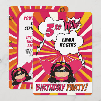 3. Geburtstag Party Superhero Pink Comic für Mädch Einladung