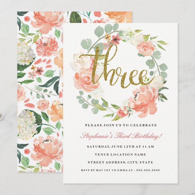 3. Geburtstag Pink Gold Blumenstrauß Einladung (Vorne/Hinten)