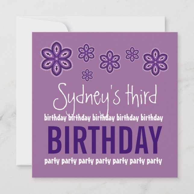 3. Geburtstag - Purple Flowers Individuelle Name T Einladung (Vorderseite)