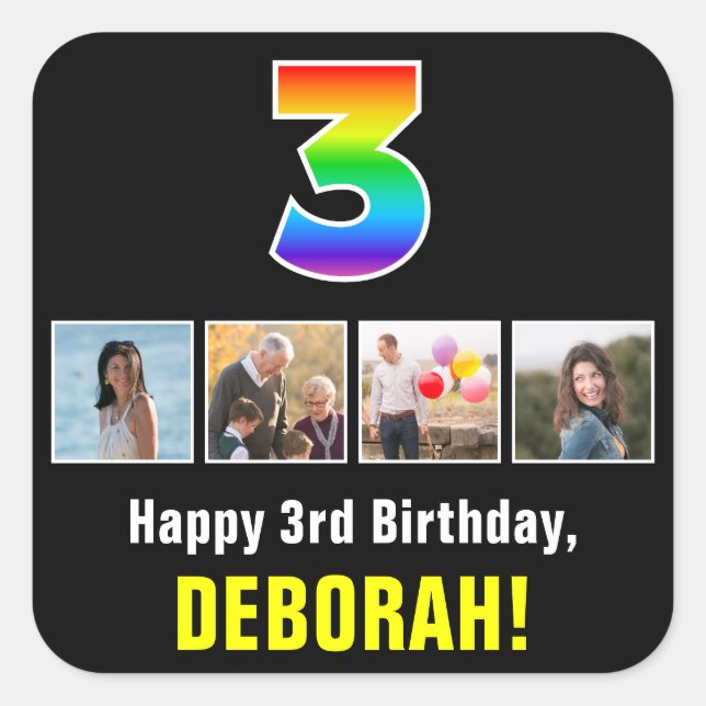 3. Geburtstag: Regenbogen "3"; benutzerdefinierte  Quadratischer Aufkleber (Vorderseite)