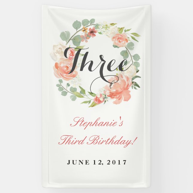 3. Geburtstag Rosa Blumenreath Drei Banner (Vertikal)