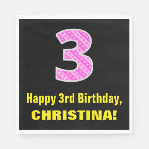 3. Geburtstag: Rosa Streifen und Herzen "3" + Name Serviette