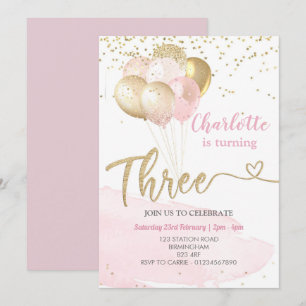 3. Geburtstag Rosa und Gold Ballons Einladung