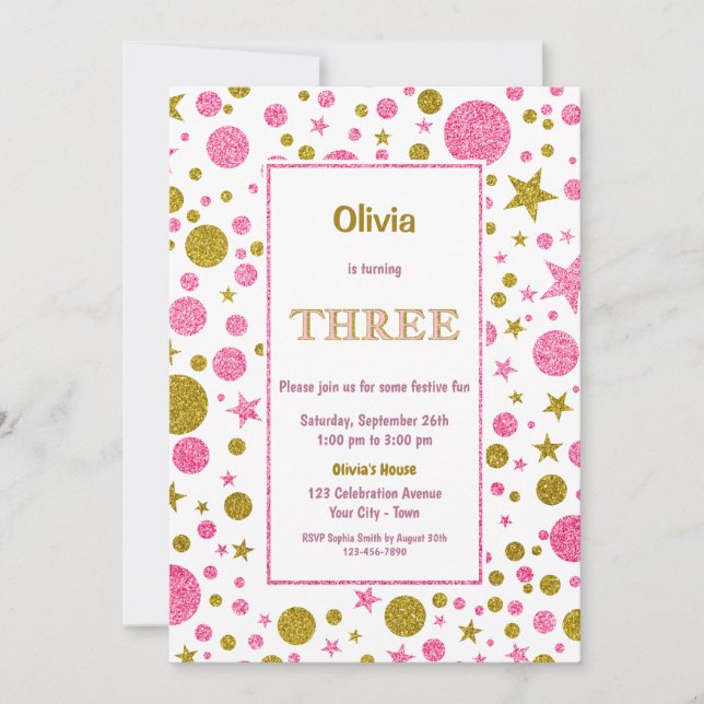 3. Geburtstag - Rosa und Gold Glitzer Einladung (Vorderseite)