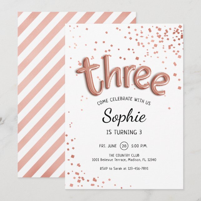 3. Geburtstag - Rose Gold White Einladung (Vorne/Hinten)