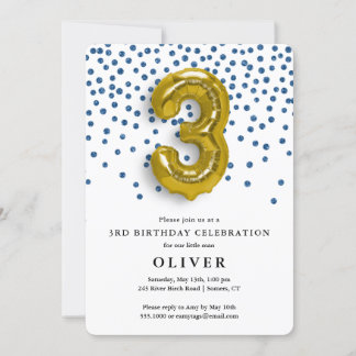 3. Geburtstag Royal Blue Confetti und Gold Balloon Einladung