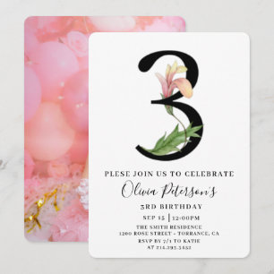3. Geburtstag von Floral mit individueller Foto-Ei Einladung