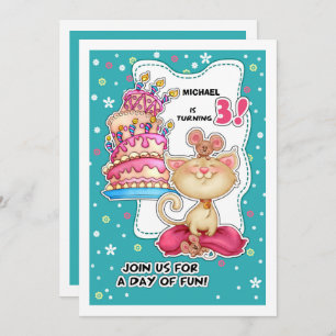 3. Geburtstags-Party   Spaß Kitty & Mäuse Custom Einladung