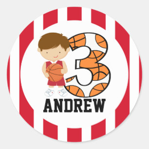3. Geburtstags-Rot-Weiß-Basketball-Spieler v2 Runder Aufkleber