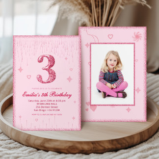 3. Geburtstagsbild mit rosa Glitter-Sparkle Einladung